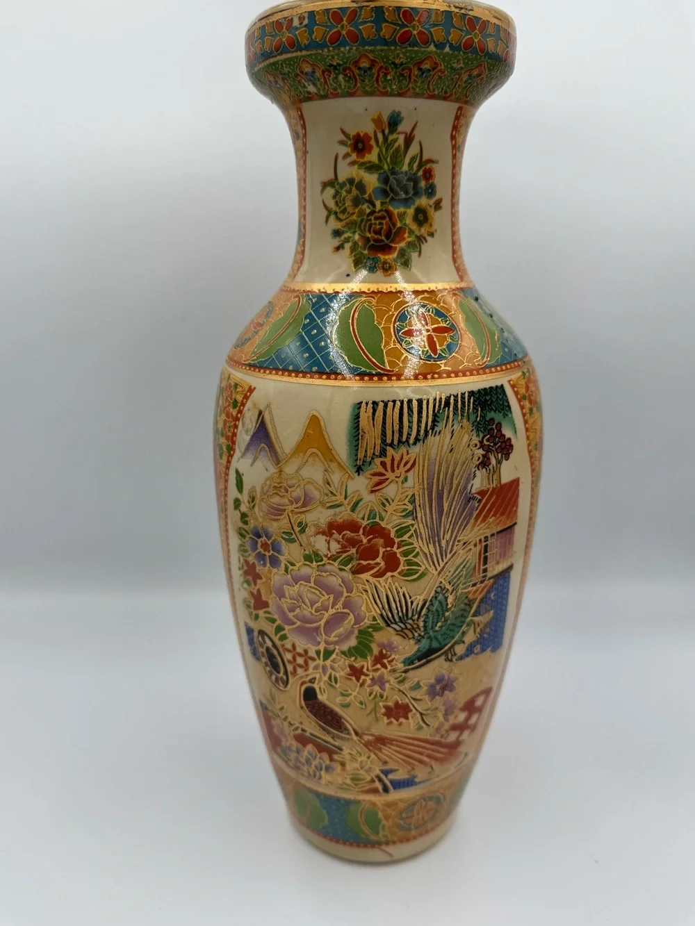 Large Vintage Vase Made in China Asian Bird Flowers Gold Moriage Beautiful